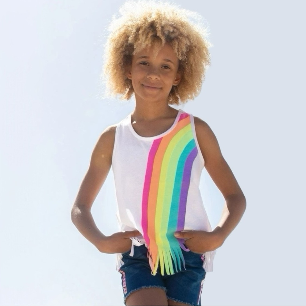 FabKids Outfit Rainbow Glow Fringe Tank & Flip Sequin Frayed Denim Shorts S 6/7
